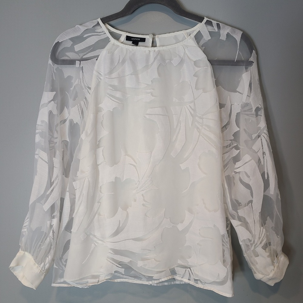 Alfani White sheer top Sz Large Boho Cottage Long Sleeve Resort Wedding Beach